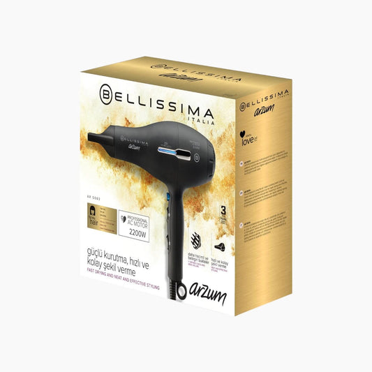 مجفف الشعر الاحترافي Bellissima - 2 200 واط، أيوني، 3 درجات حرارة، أسود