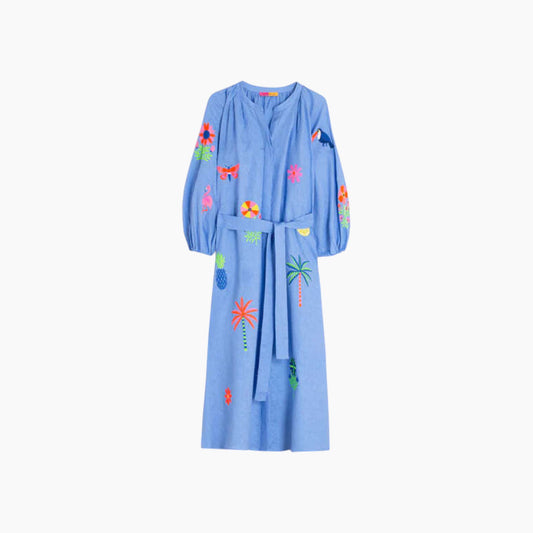 Vilagallo Blue Dress With Tropical Embroidery