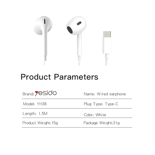 سماعة أذن سلكية YESIDO YH38 بمنفذ Type-C