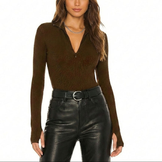 Bysoca Women's Brown High Neck Zip-Up Bodysuit