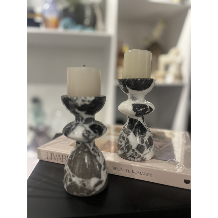 Marble candle holder set crafted from genuine marble with unique natural veining.