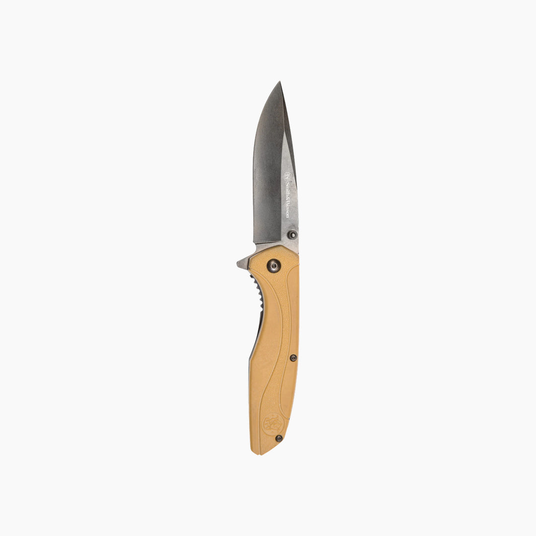 Smith &amp; Wesson drop point folding knife with coyote tan polymer handle