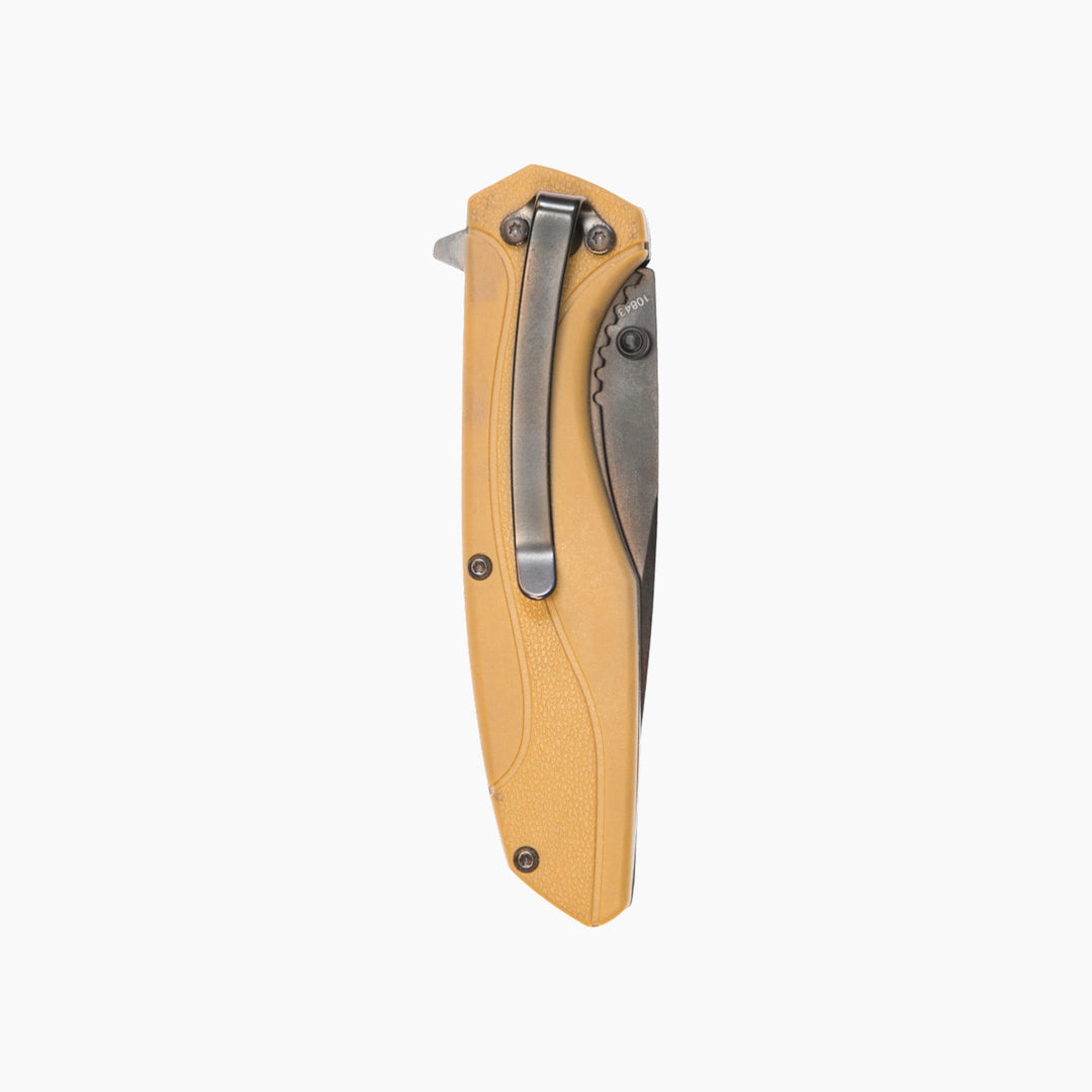 Smith &amp; Wesson drop point folding knife with black blade and coyote tan handle