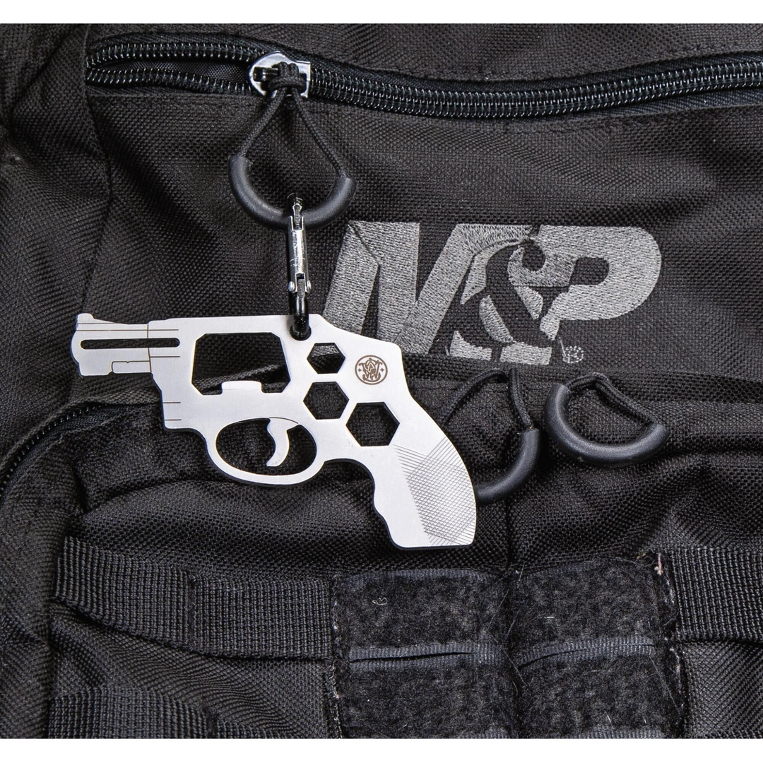 Smith &amp; Wesson Revolver Novelty Multi-Tool constructed from stainless steel with a carabiner
