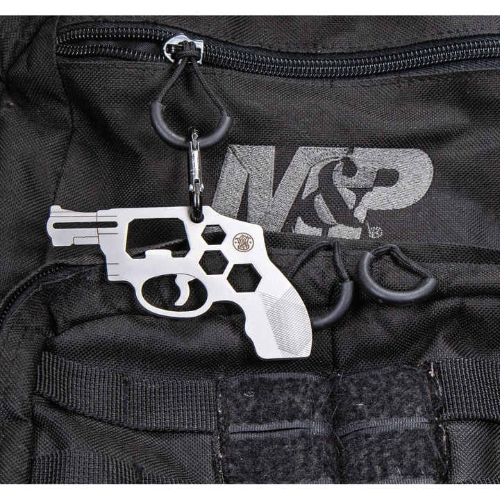 Smith &amp; Wesson Revolver Novelty Multi-Tool constructed from stainless steel with a carabiner