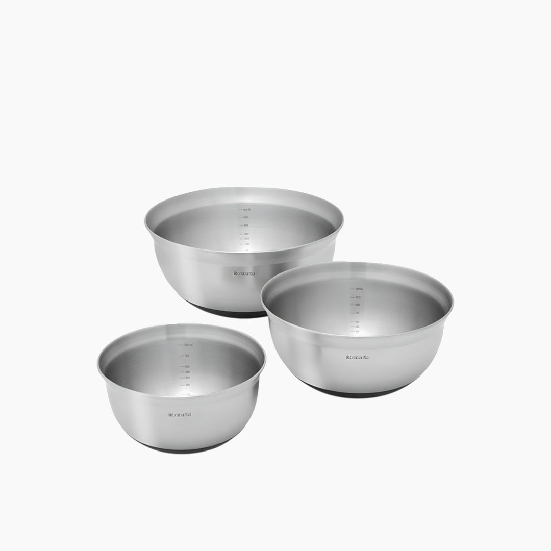 Brabantia three-piece mixing bowl set in matt steel finish
