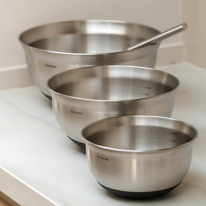 Brabantia set of three matte steel mixing bowls