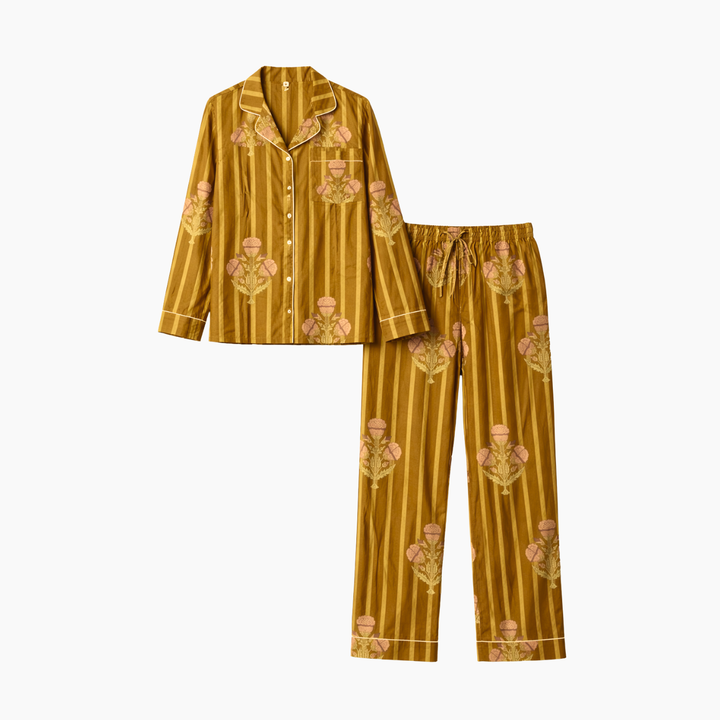 Elegant Floral Printed with stripes Cotton Pyjama Set