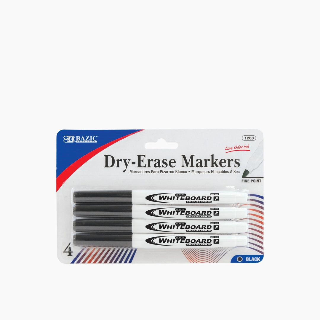 Bazic Black Fine Tip Dry-Erase Markers 4-Pack