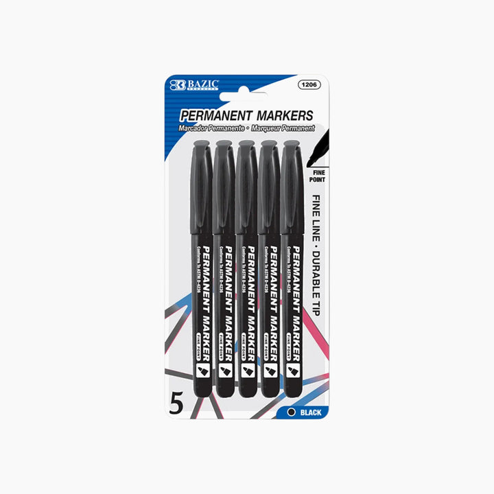 Bazic Black Fine Tip Permanent Markers With Pocket Clip 5-Pack