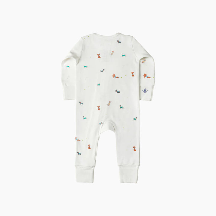 Cotton sleepsuit featuring playful dogs, size 0–3M