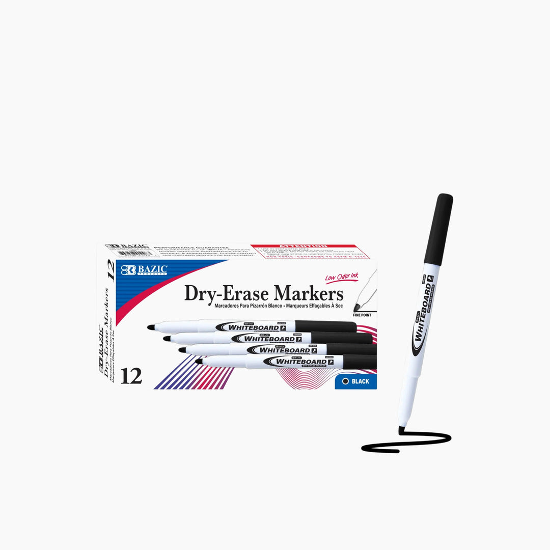 Bazic Black Fine Tip Dry-Erase Markers 12-Count Box