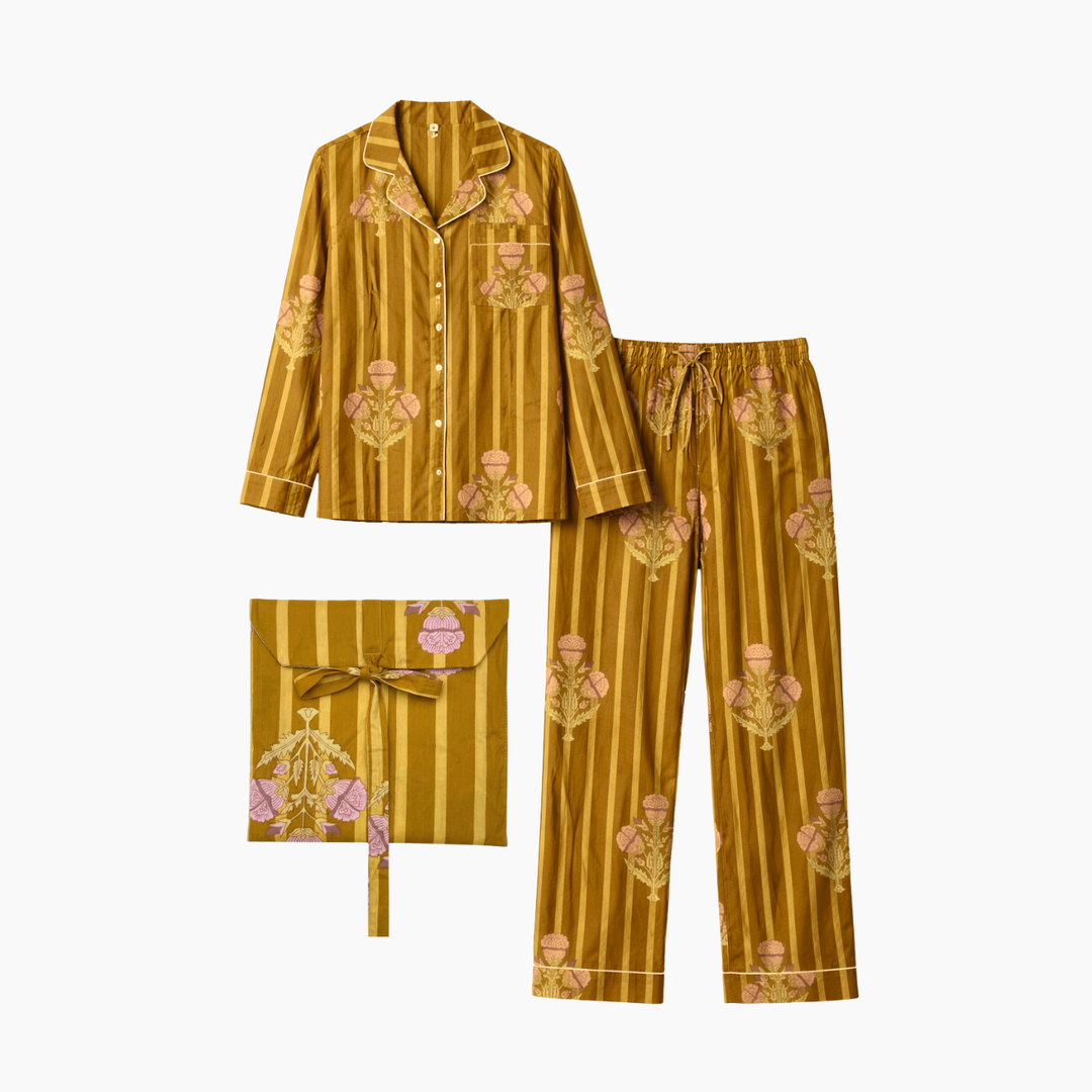 Elegant Floral Printed with stripes Cotton Pyjama Set