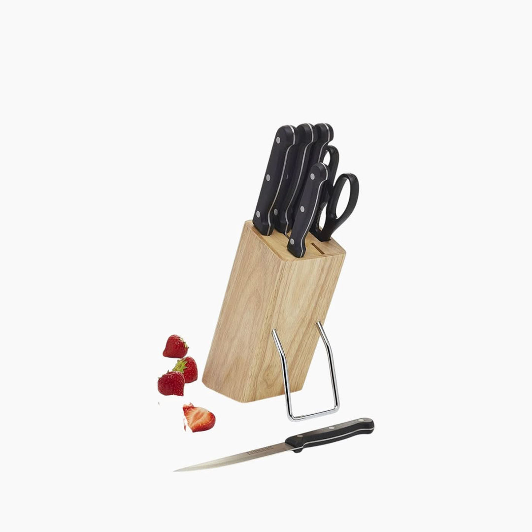 Kitchencraft wooden knife block set with six stainless steel knives