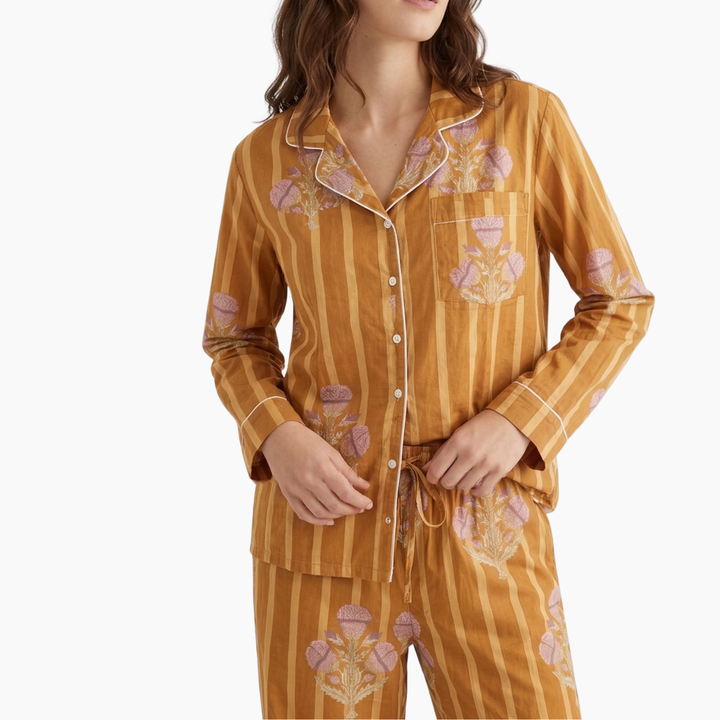 Elegant Floral Printed with stripes Cotton Pyjama Set