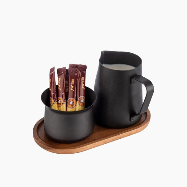 طقم إبريق حليب أسود 350 مل / وعاء سكر 200 مل مع صينية