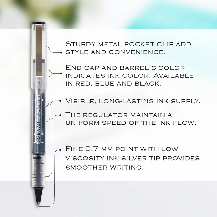 Bazic Dayton Assorted Color Rollerball Pen With Metal Clip 3-Pack