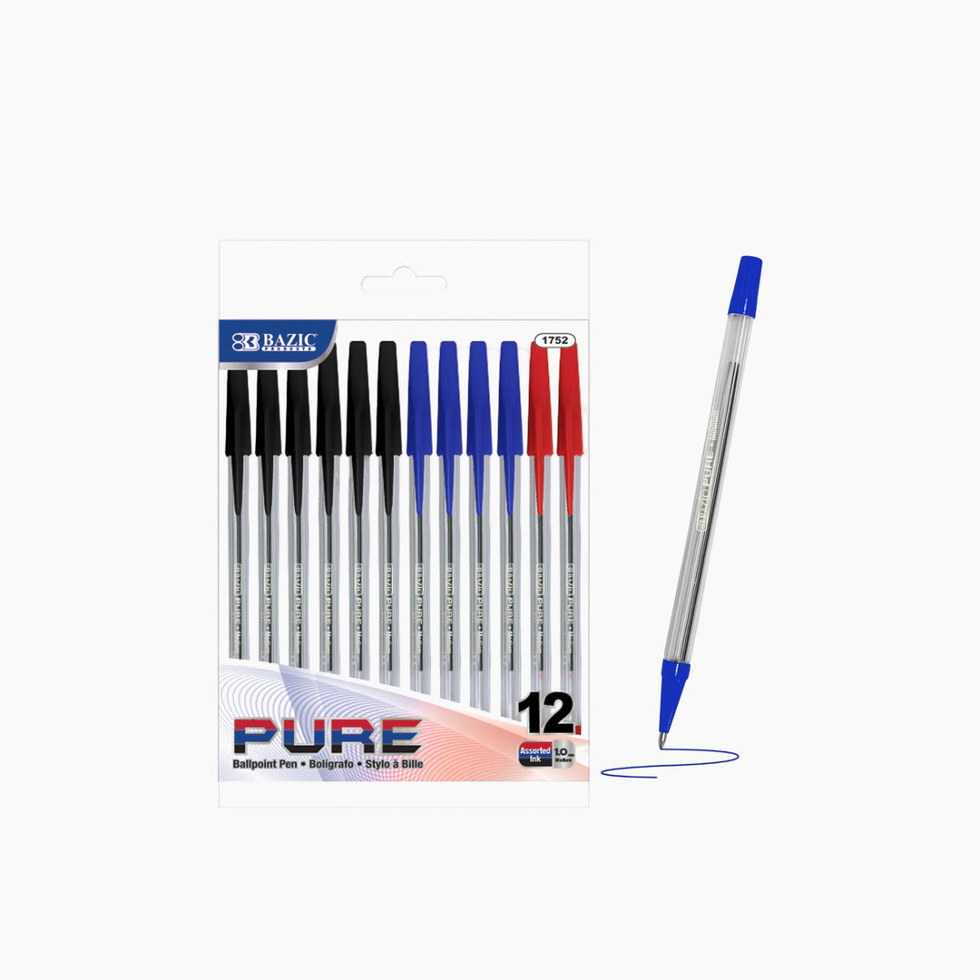 Bazic Pure Assorted Color Stick Pen 12-Pack