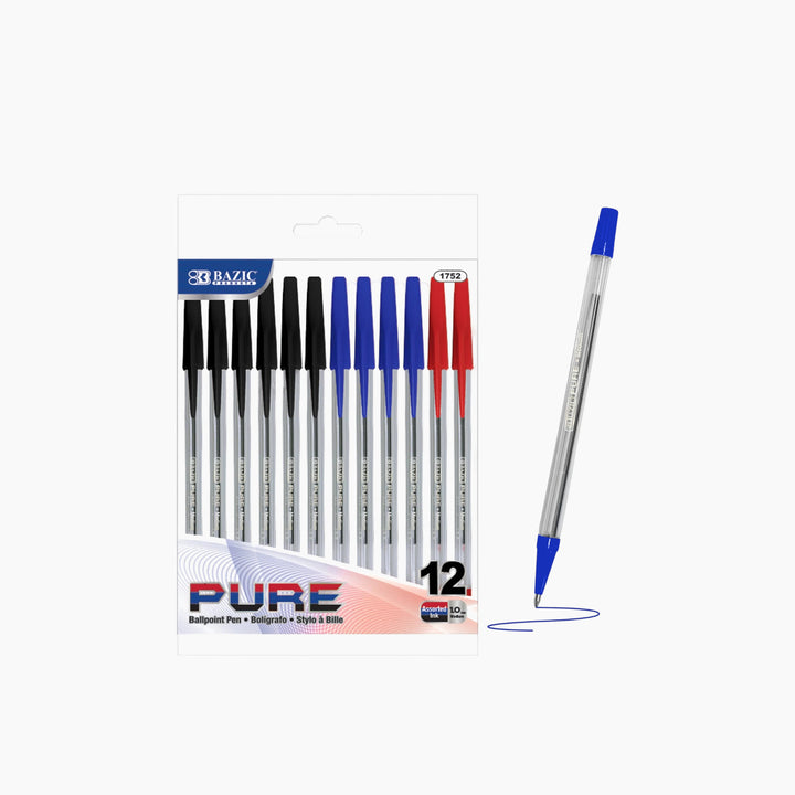 Bazic Pure Assorted Color Stick Pen 12-Pack