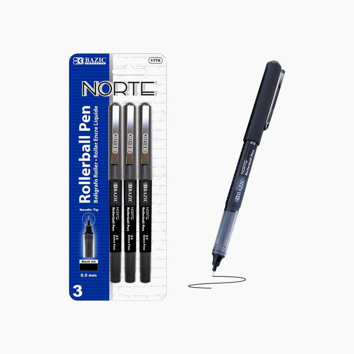 Bazic Norte Black Needle-Tip Rollerball Pen 3-Pack