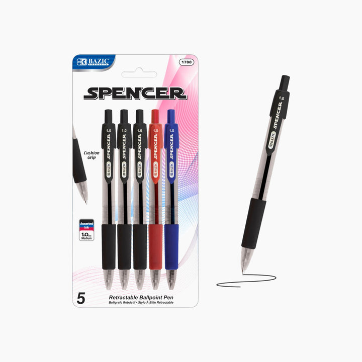 Bazic Spencer Assorted Color Retractable Pen With Cushion Grip 5-Pack