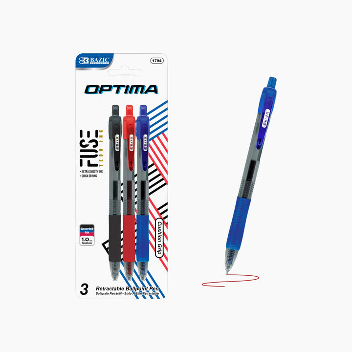 Bazic Optima Assorted Color Fuse Tech Ink Retractable Pen With Grip 3-Pack
