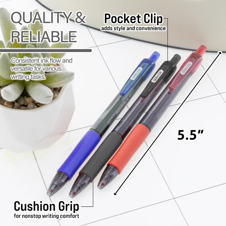 Bazic Optima Assorted Color Fuse Tech Ink Retractable Pen With Grip 3-Pack