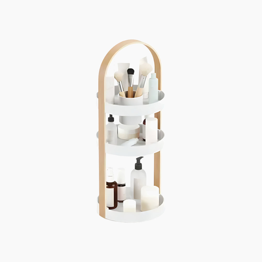 Umbra Bellwood white and natural wood cosmetic organizer with removable cup