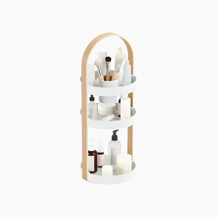 Umbra Bellwood white and natural wood cosmetic organizer with removable cup