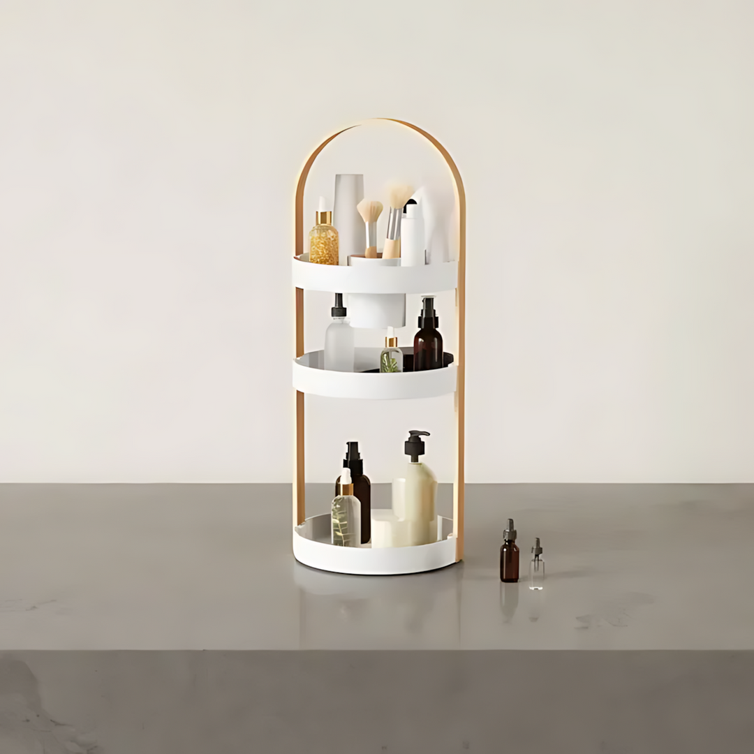Umbra Bellwood white and natural wood cosmetic organizer with removable cup