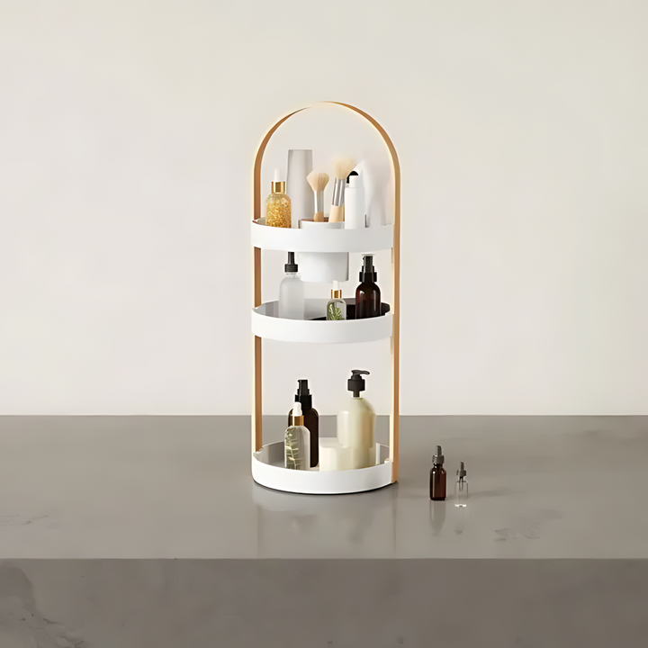 Umbra Bellwood white and natural wood cosmetic organizer with removable cup