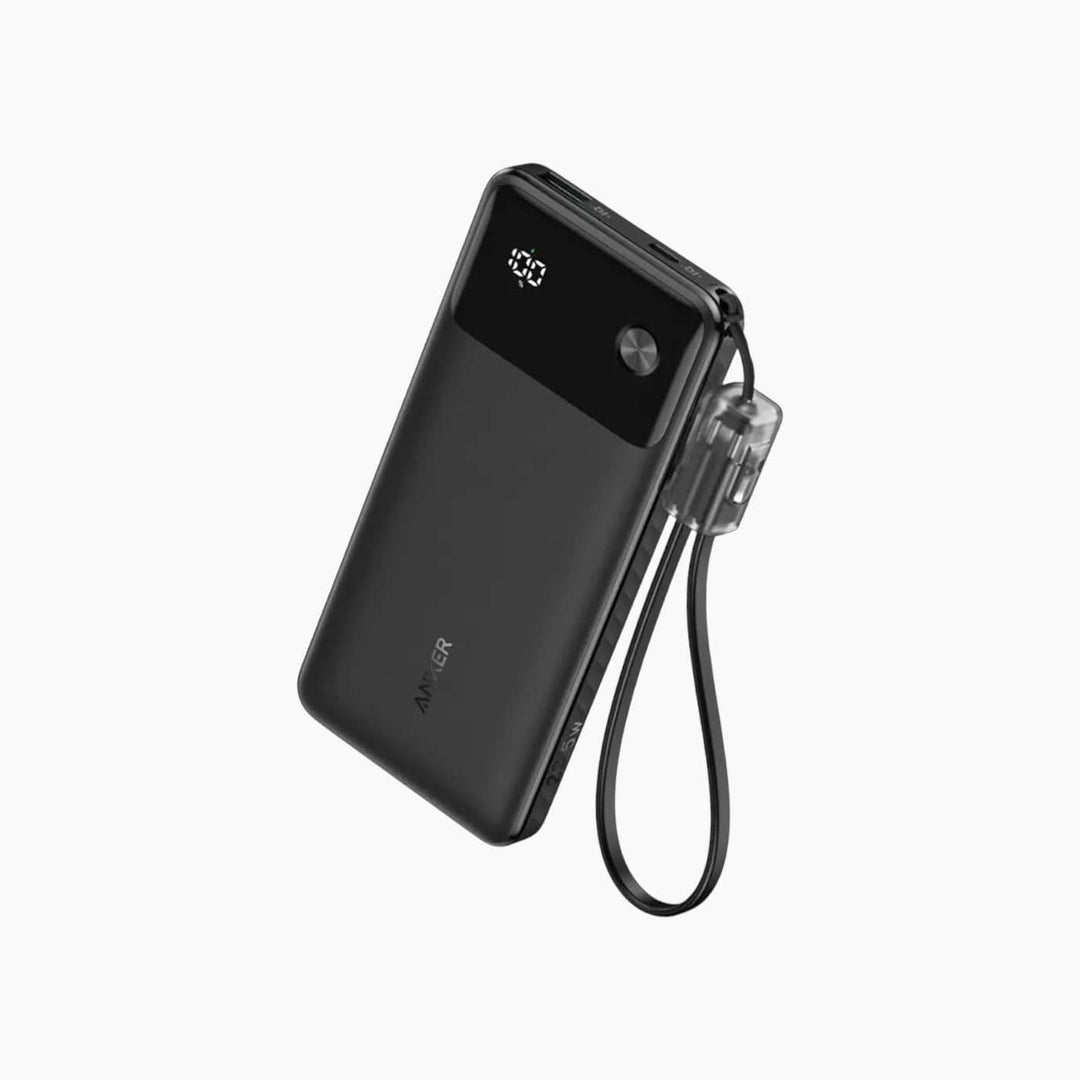 Anker 10,000mAh black power bank with integrated USB-C cable