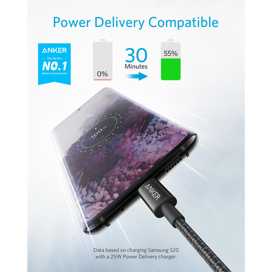 كابل جديد من النايلون USB-C إلى USB-C 2.0 بطول 6 أقدام باللون الأسود