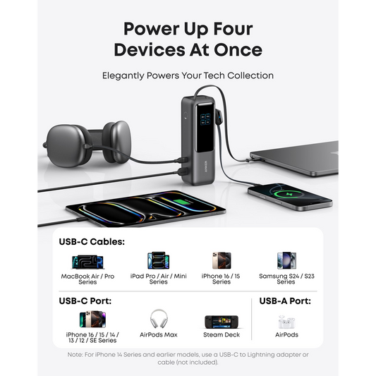 بنك الطاقة (25 كيلو وات، 165 واط، منفذ USB-C مدمج وكابل قابل للسحب)