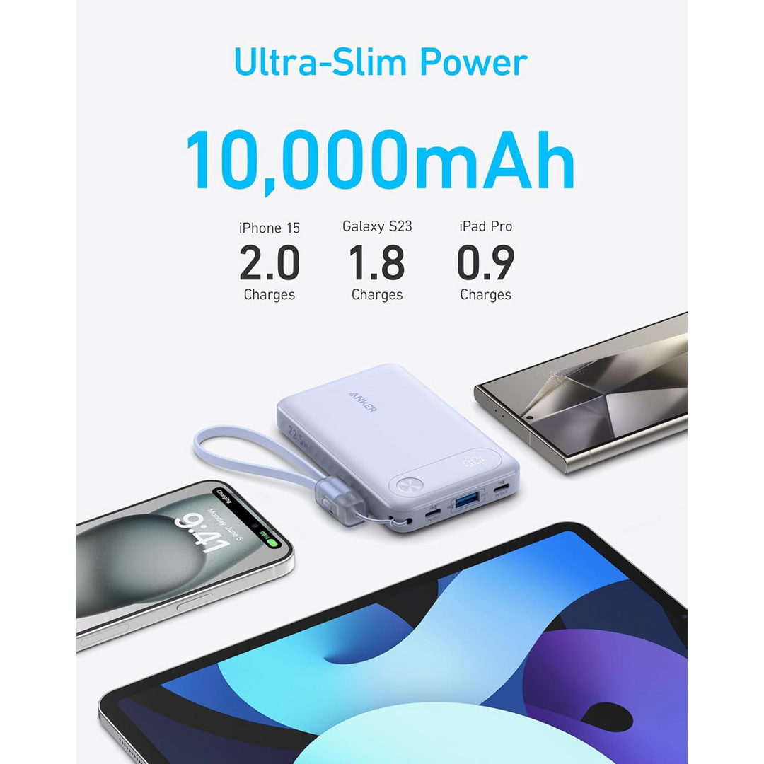 Anker 10,000mAh power bank with integrated USB-C cable