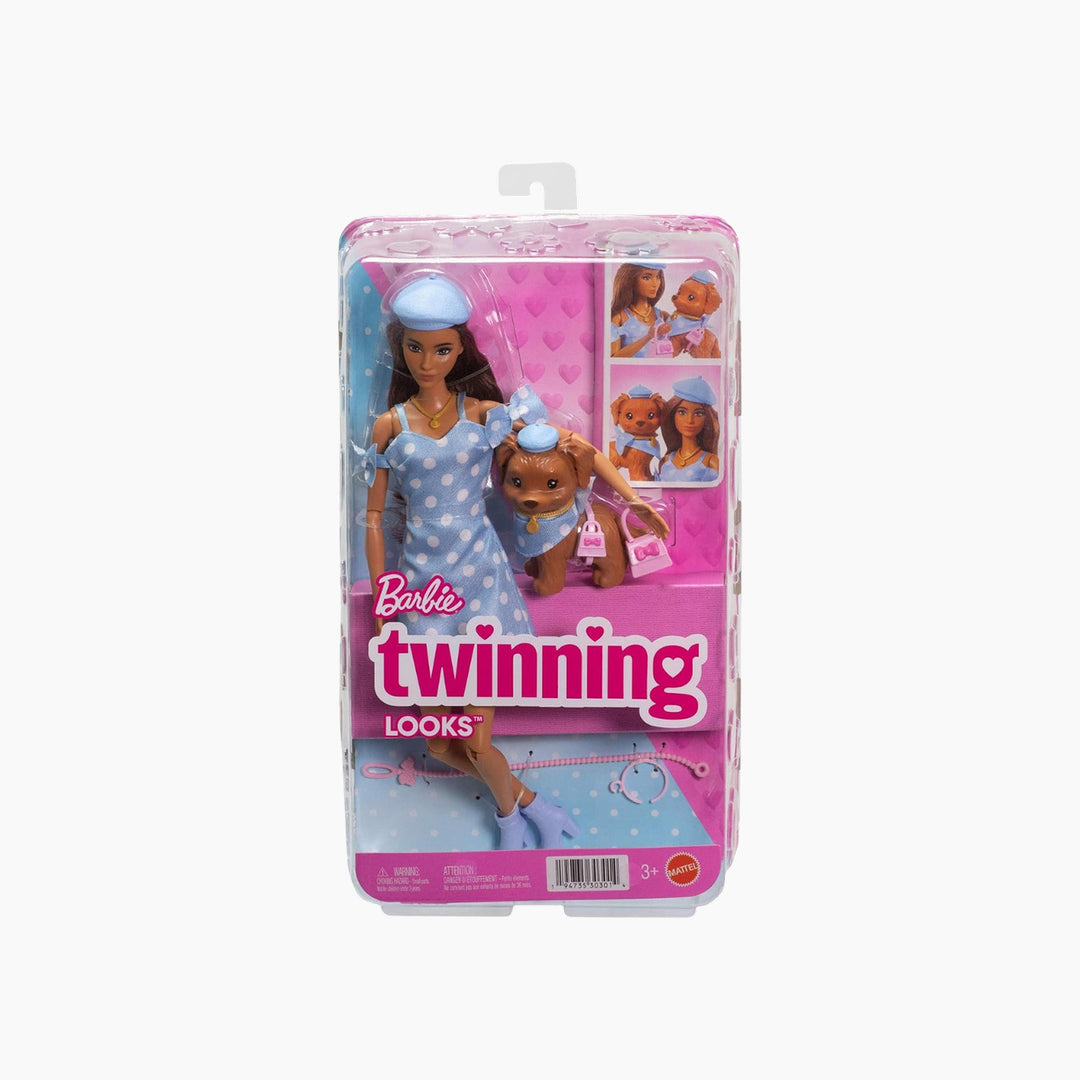 Barbie Twinning Looks Doll with Pet Dog in Matching Blue Polka Dot Clothes and Accessories for Both like…
