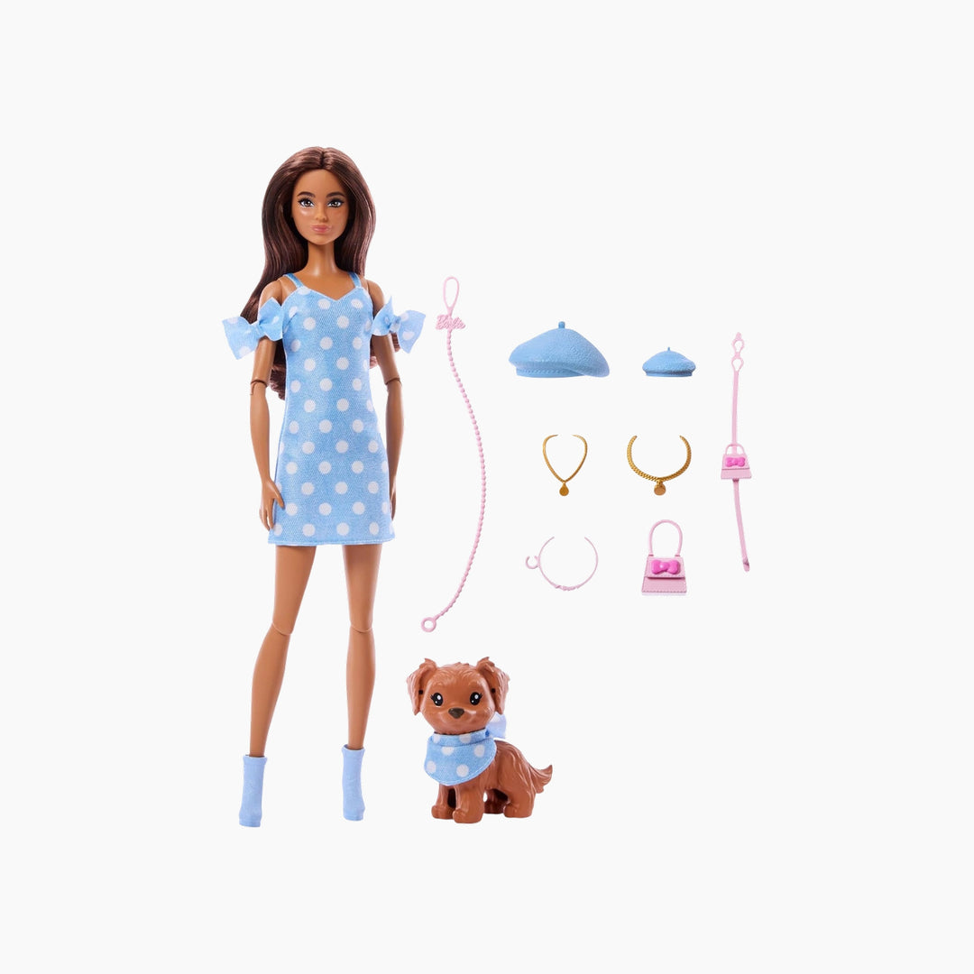 Barbie Twinning Looks Doll with Pet Dog in Matching Blue Polka Dot Clothes and Accessories for Both like…