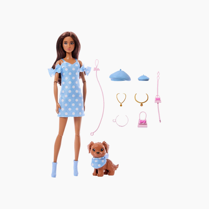 Barbie Twinning Looks Doll with Pet Dog in Matching Blue Polka Dot Clothes and Accessories for Both like…