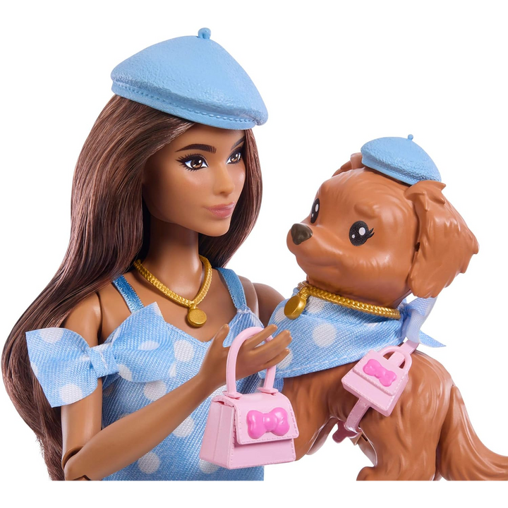 Barbie Twinning Looks Doll with Pet Dog in Matching Blue Polka Dot Clothes and Accessories for Both like…