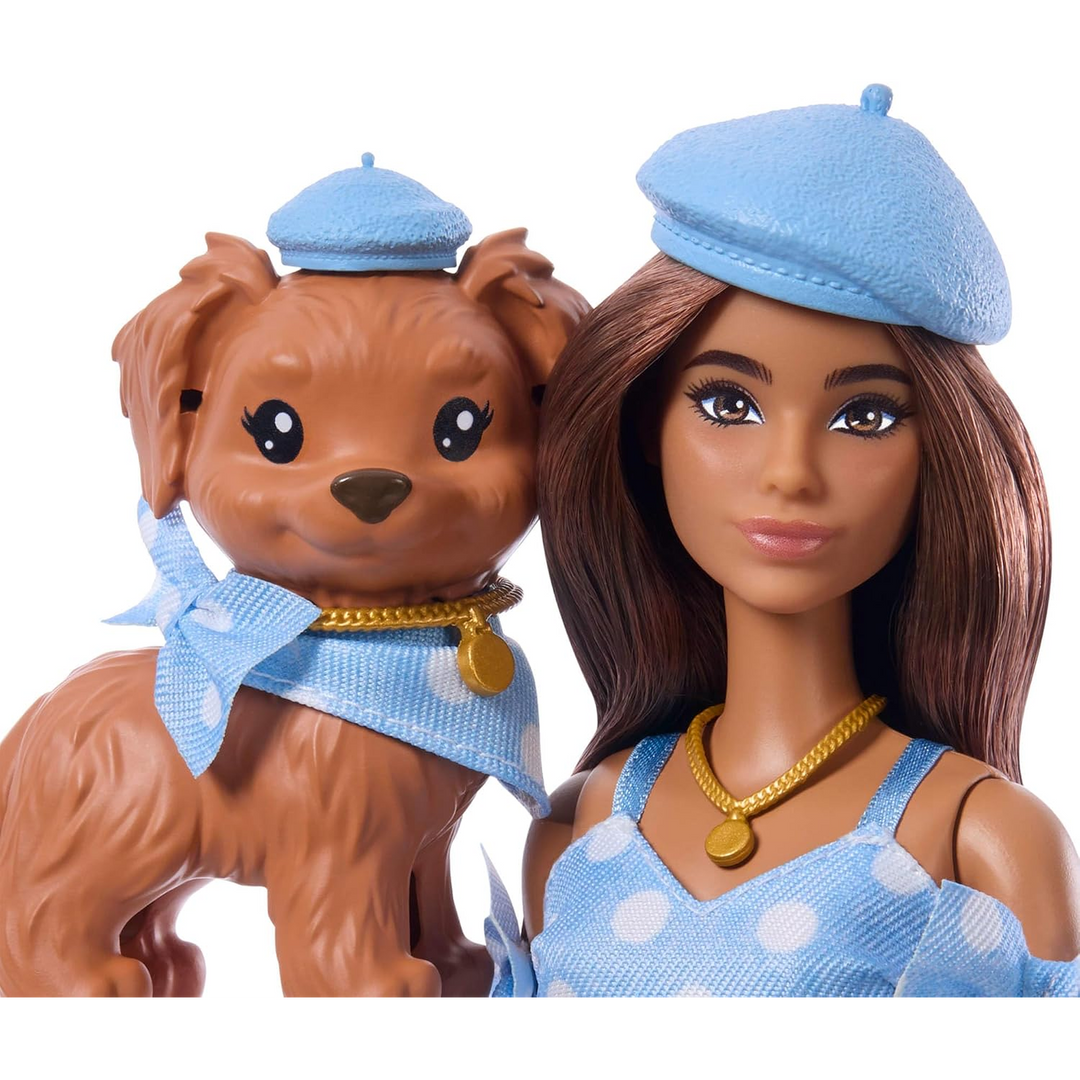 Barbie Twinning Looks Doll with Pet Dog in Matching Blue Polka Dot Clothes and Accessories for Both like…