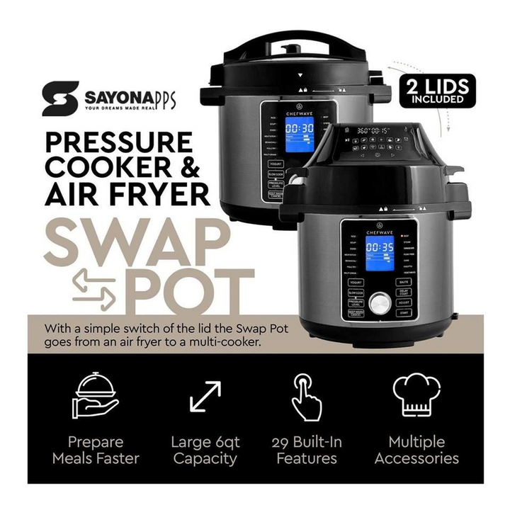 Sayona 2-in-1 Electric Pressure Cooker and Air Fryer, 6L, 1500W