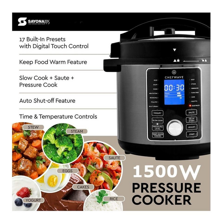 Sayona 2-in-1 Electric Pressure Cooker and Air Fryer, 6L, 1500W