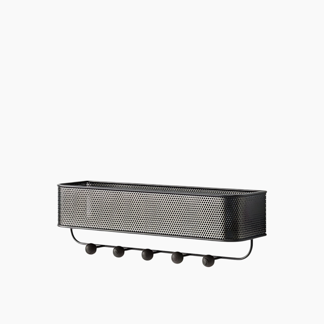 Umbra Estique wall organizer with 5 black hooks and walnut knobs