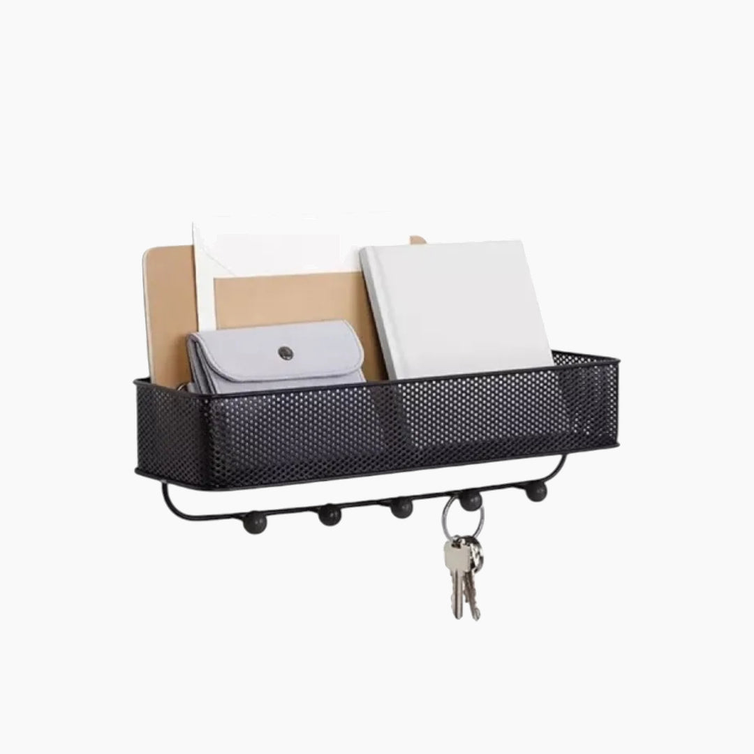 Umbra Estique wall organizer with 5 black hooks and walnut knobs