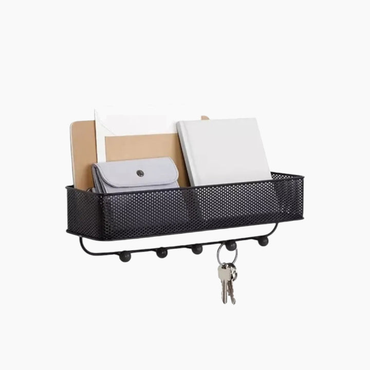 Umbra Estique wall organizer with 5 black hooks and walnut knobs