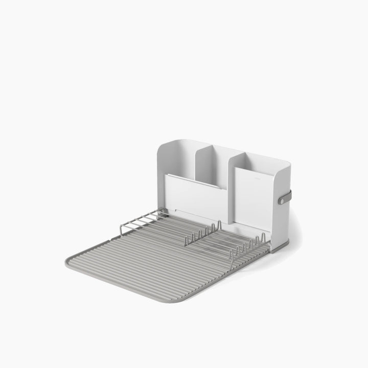 Umbra Sling plastic dish rack in white with metal foldaway rack