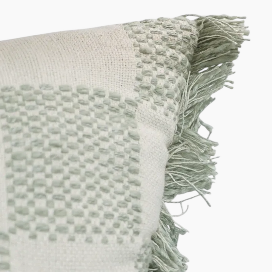 Nova Home Gingham Embroidered Cushion Cover with Fringes 50x50 cm Stone