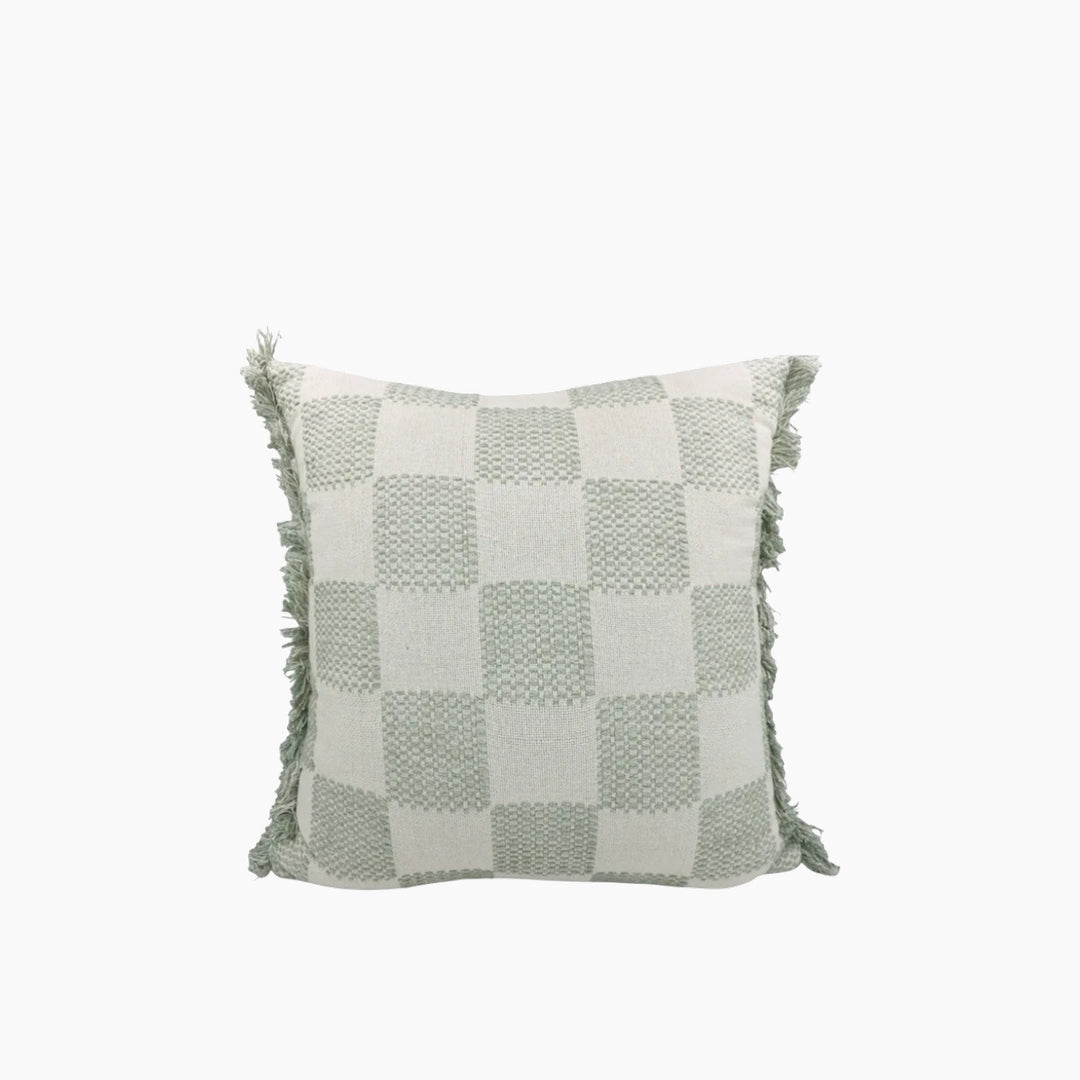 Nova Home Gingham Embroidered Cushion Cover with Fringes 50x50 cm Stone