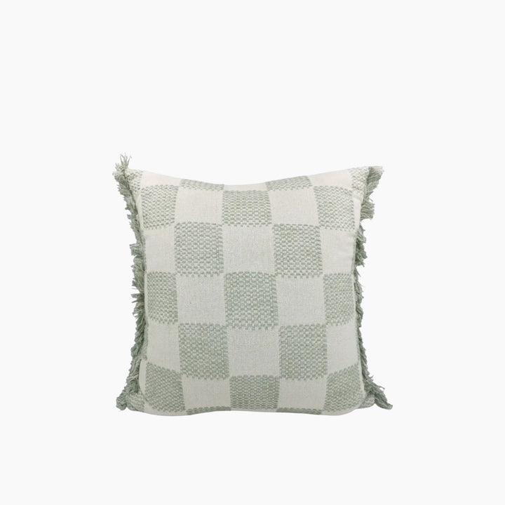 Nova Home Gingham Embroidered Cushion Cover with Fringes 50x50 cm Stone