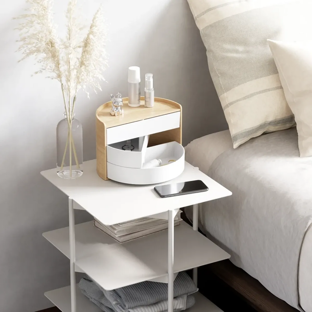 Umbra Moona jewelry box in white and natural with rounded curves